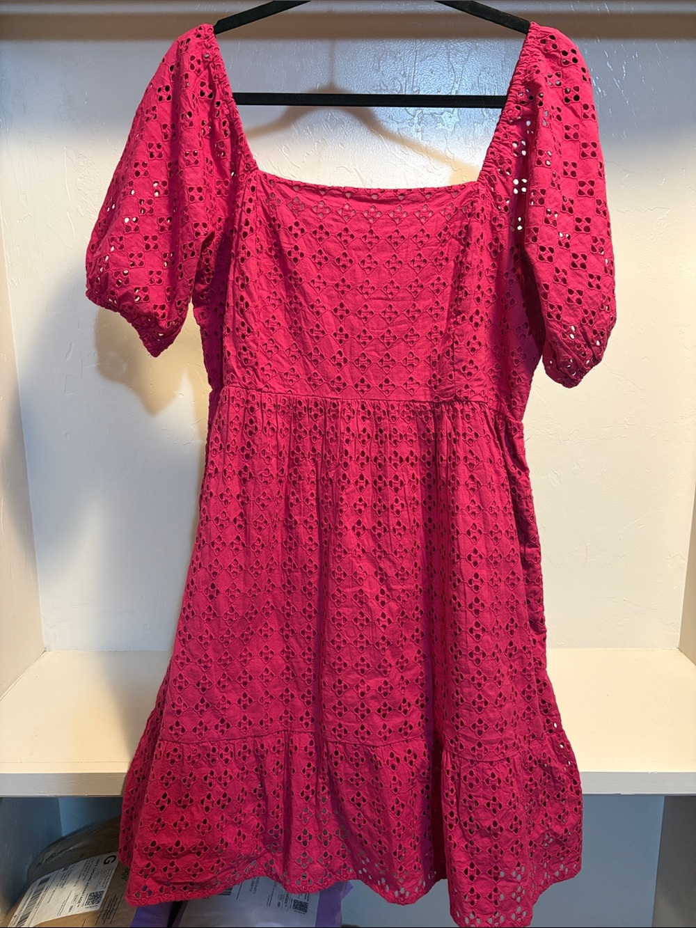 La Blanca Hot Pink Eyelet Midi Dress with Puff Sleeves